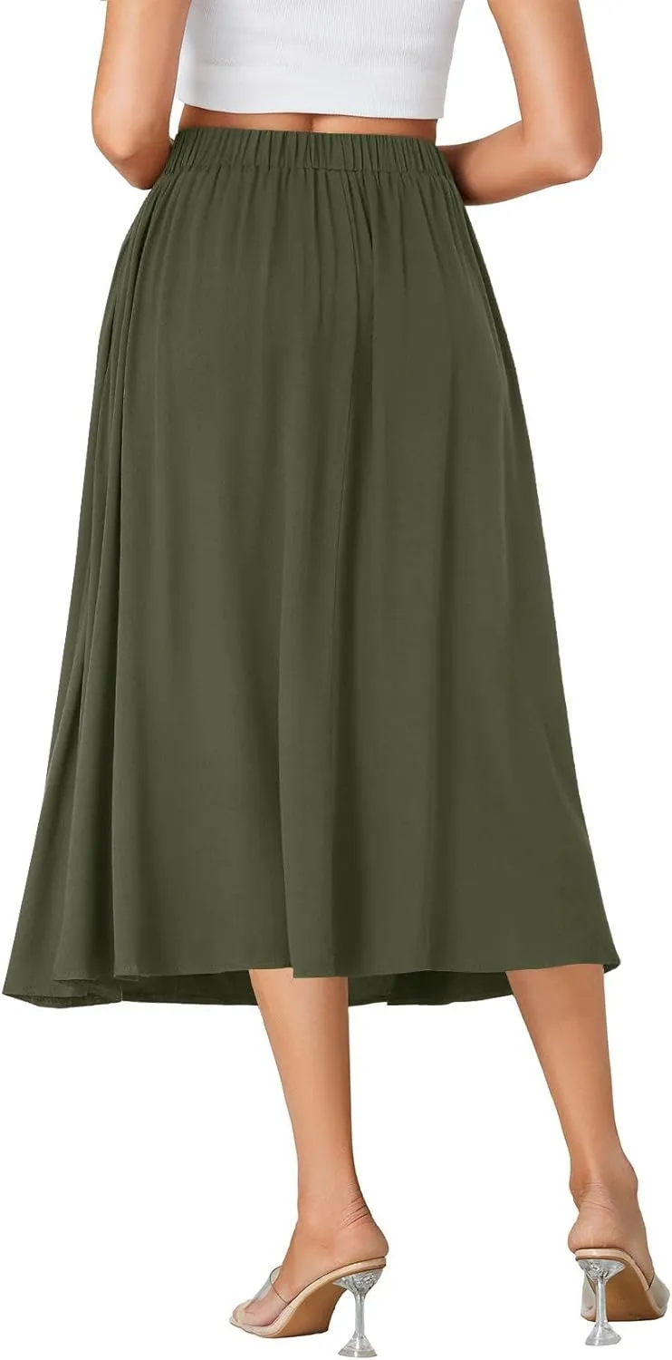 LYANER Women's High Elastic Waist Pleated Flare A Line Midi Skirt with Pockets