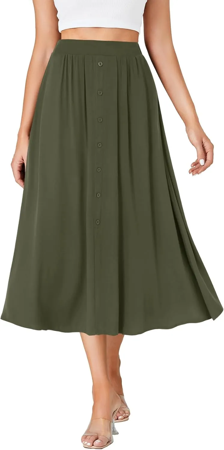 LYANER Women's High Elastic Waist Pleated Flare A Line Midi Skirt with Pockets