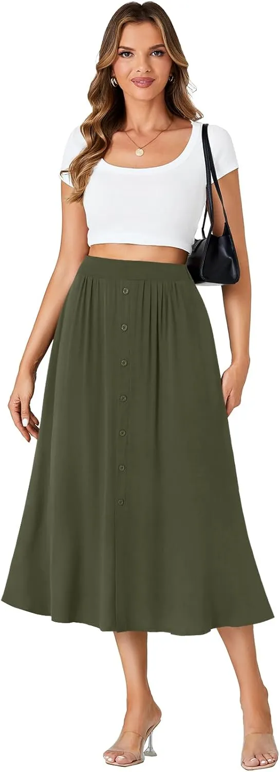 LYANER Women's High Elastic Waist Pleated Flare A Line Midi Skirt with Pockets