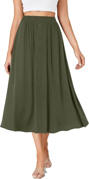 LYANER Women's High Elastic Waist Pleated Flare A Line Midi Skirt with Pockets
