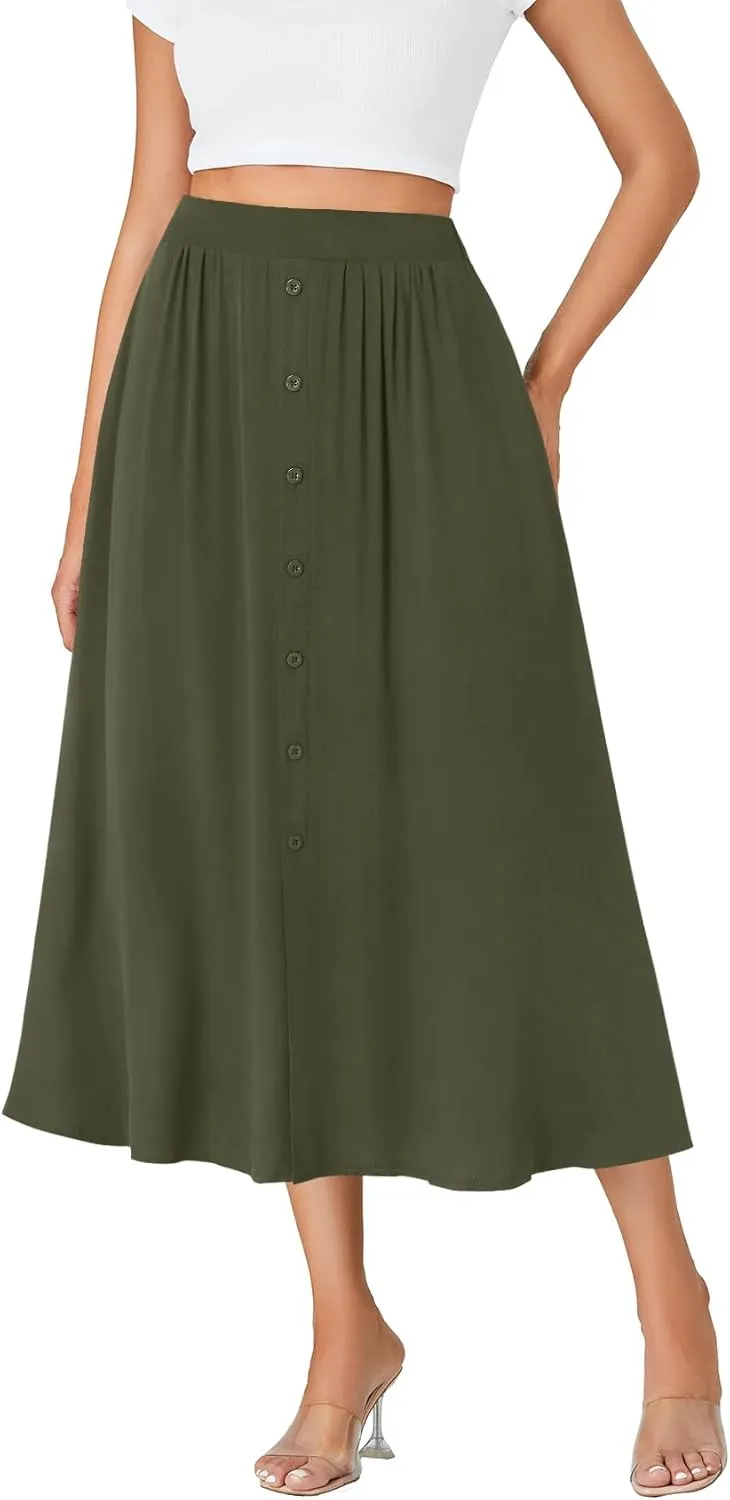 LYANER Women's High Elastic Waist Pleated Flare A Line Midi Skirt with Pockets