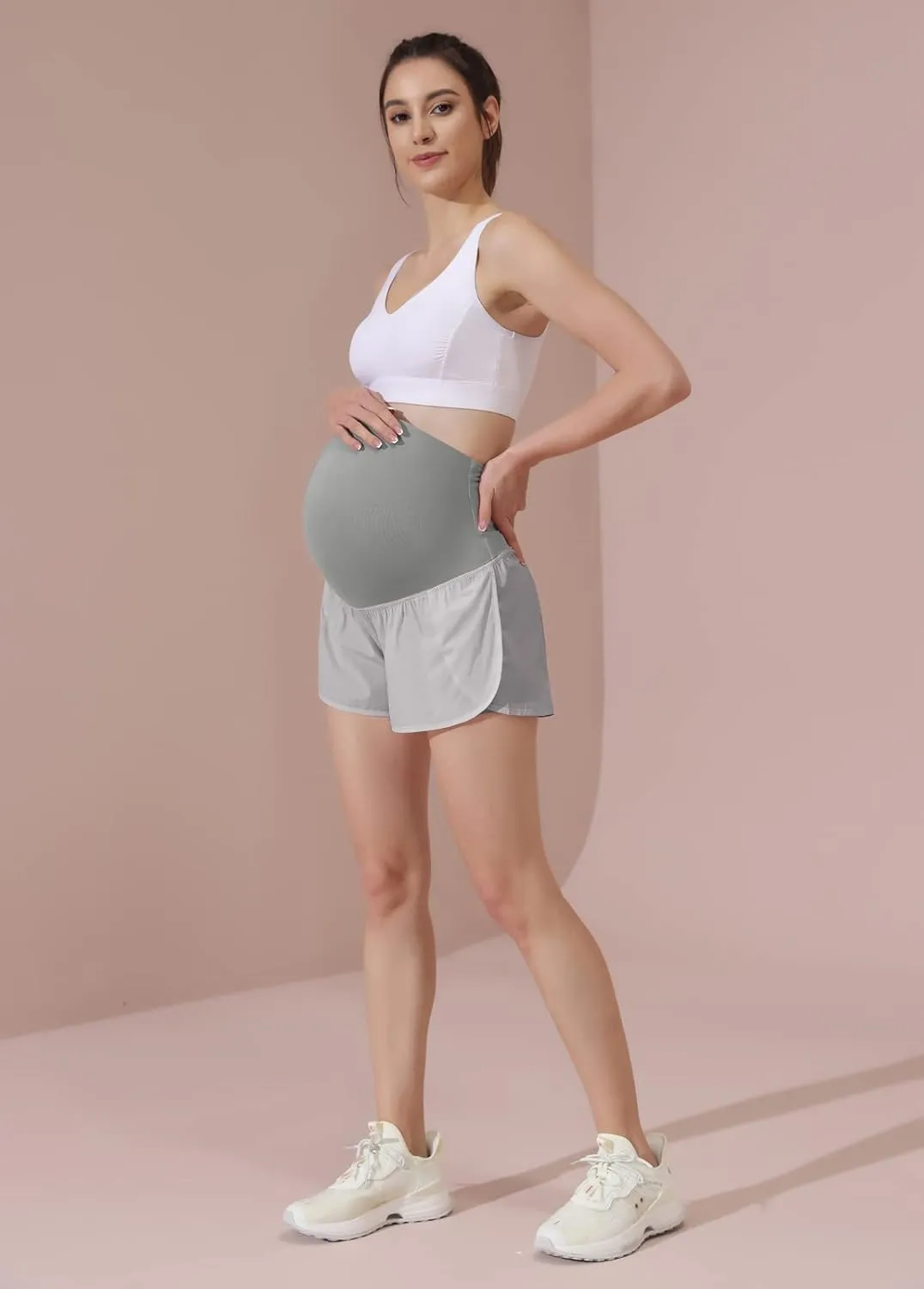 Maacie Women Maternity Layered Fast Drying Yoga Shorts with Liner Inner Pocket