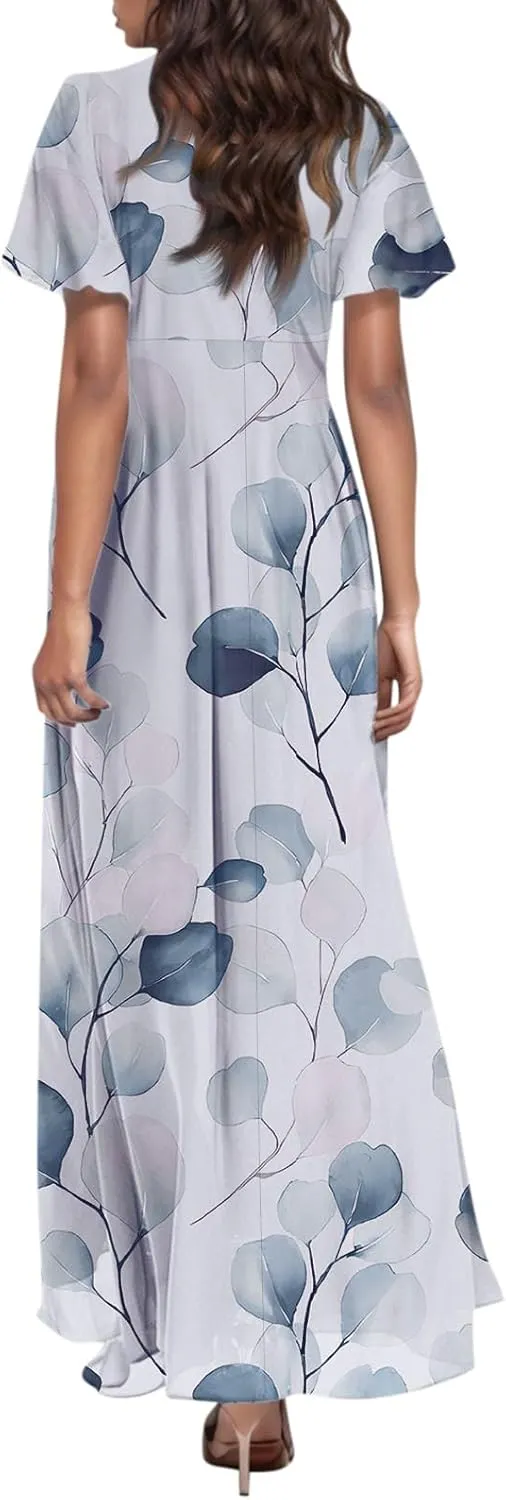 Maxi Dresses for Women,2025 Summer Trendy Floral Boho Dress,Casual V Neck Short Sleeve Chiffon Flowy Beach Dress