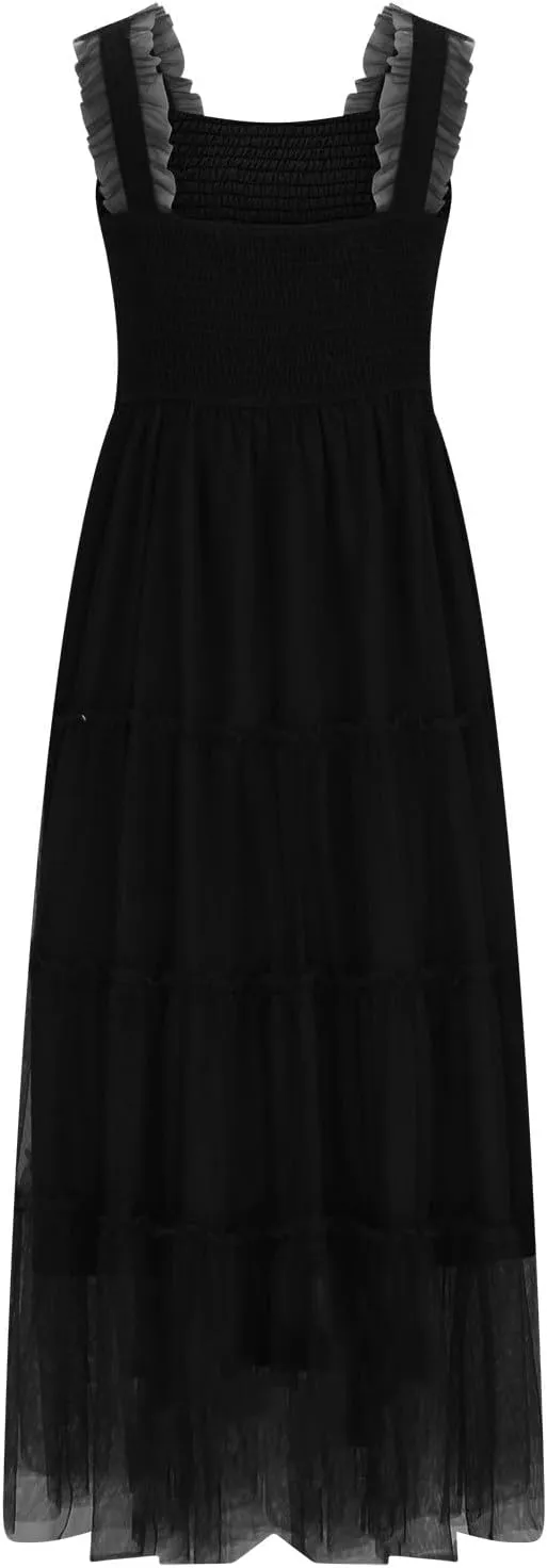 Maxi Tulle Sundress for Women Sleeveless Smocked Tiered Boho Dresses High Waisted Ruffle Strap Flowy Long Dress