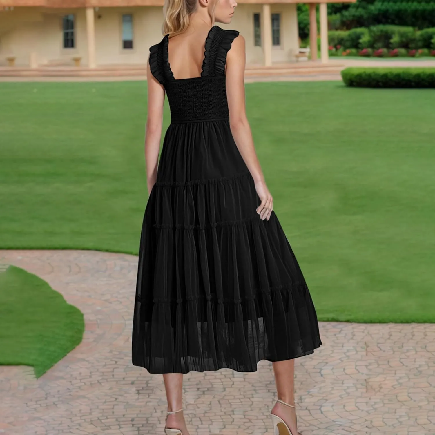 Maxi Tulle Sundress for Women Sleeveless Smocked Tiered Boho Dresses High Waisted Ruffle Strap Flowy Long Dress