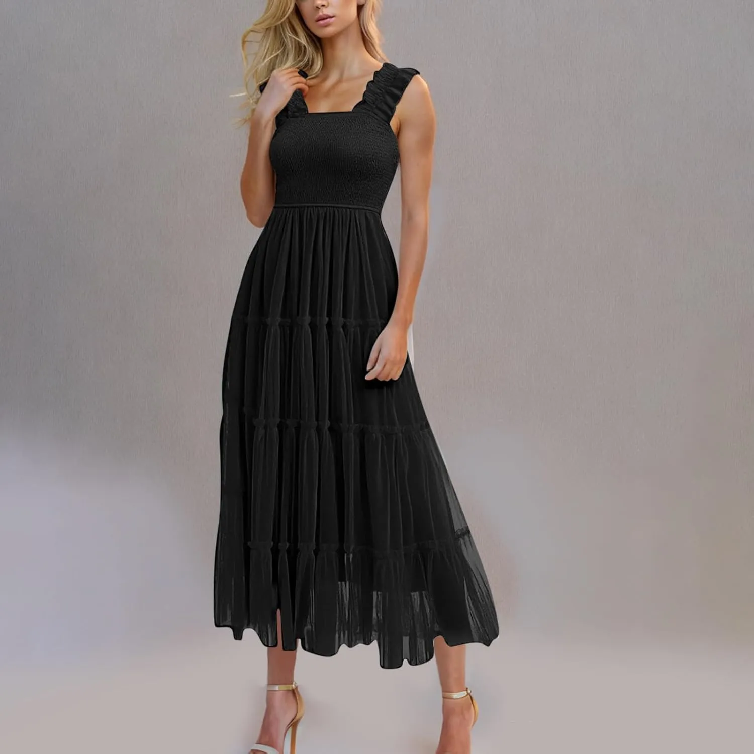 Maxi Tulle Sundress for Women Sleeveless Smocked Tiered Boho Dresses High Waisted Ruffle Strap Flowy Long Dress