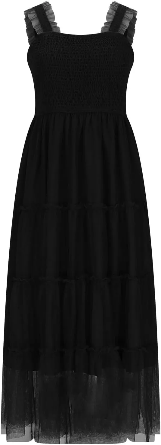 Maxi Tulle Sundress for Women Sleeveless Smocked Tiered Boho Dresses High Waisted Ruffle Strap Flowy Long Dress