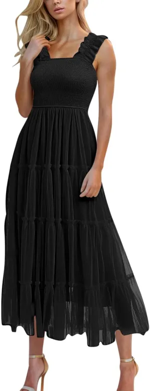 Maxi Tulle Sundress for Women Sleeveless Smocked Tiered Boho Dresses High Waisted Ruffle Strap Flowy Long Dress