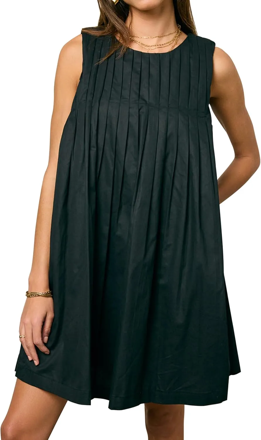 Meladyan Women's Sleeveless Babydoll Mini Dress Crewneck Pleated Loose Swing Tank Dresses Summer Beach Sundress