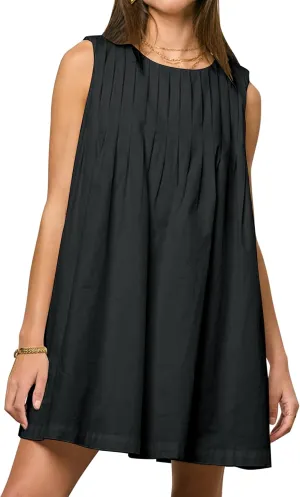 Meladyan Women's Sleeveless Babydoll Mini Dress Crewneck Pleated Loose Swing Tank Dresses Summer Beach Sundress