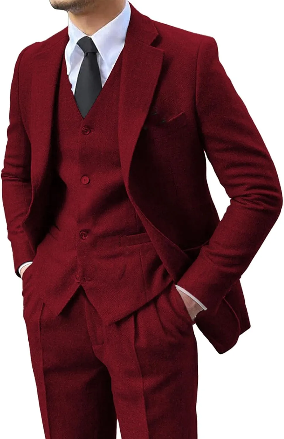 Men's 3 Pieces Suit Retro Slim Fit Suit Tweed Herringbone Business Suit Wedding Party Tuxedos with Blazer Vest Pants