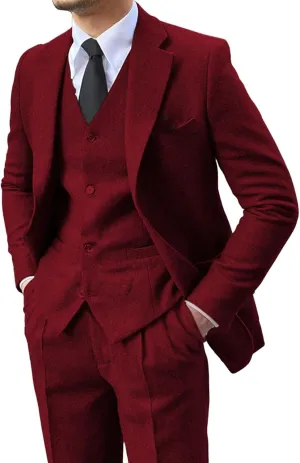 Men's 3 Pieces Suit Retro Slim Fit Suit Tweed Herringbone Business Suit Wedding Party Tuxedos with Blazer Vest Pants