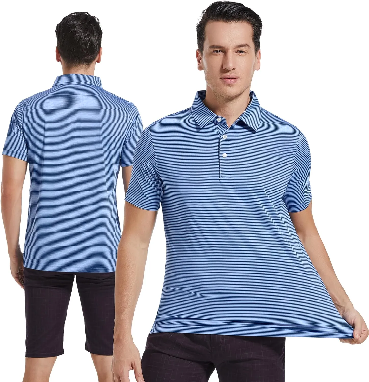 Mens Golf Polo Shirt Moisture Wicking Dry Fit Performance Athletic Short Sleeve Striped Golf Shirts for Men