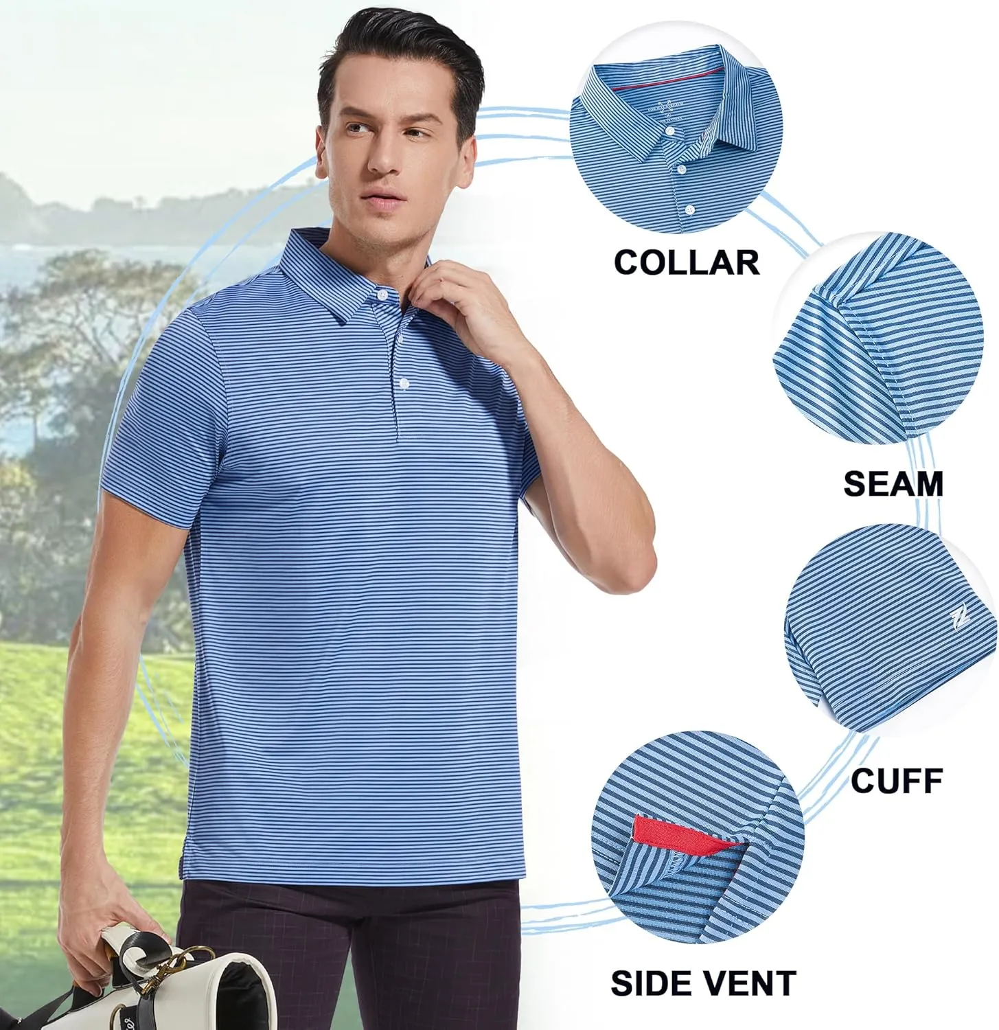 Mens Golf Polo Shirt Moisture Wicking Dry Fit Performance Athletic Short Sleeve Striped Golf Shirts for Men