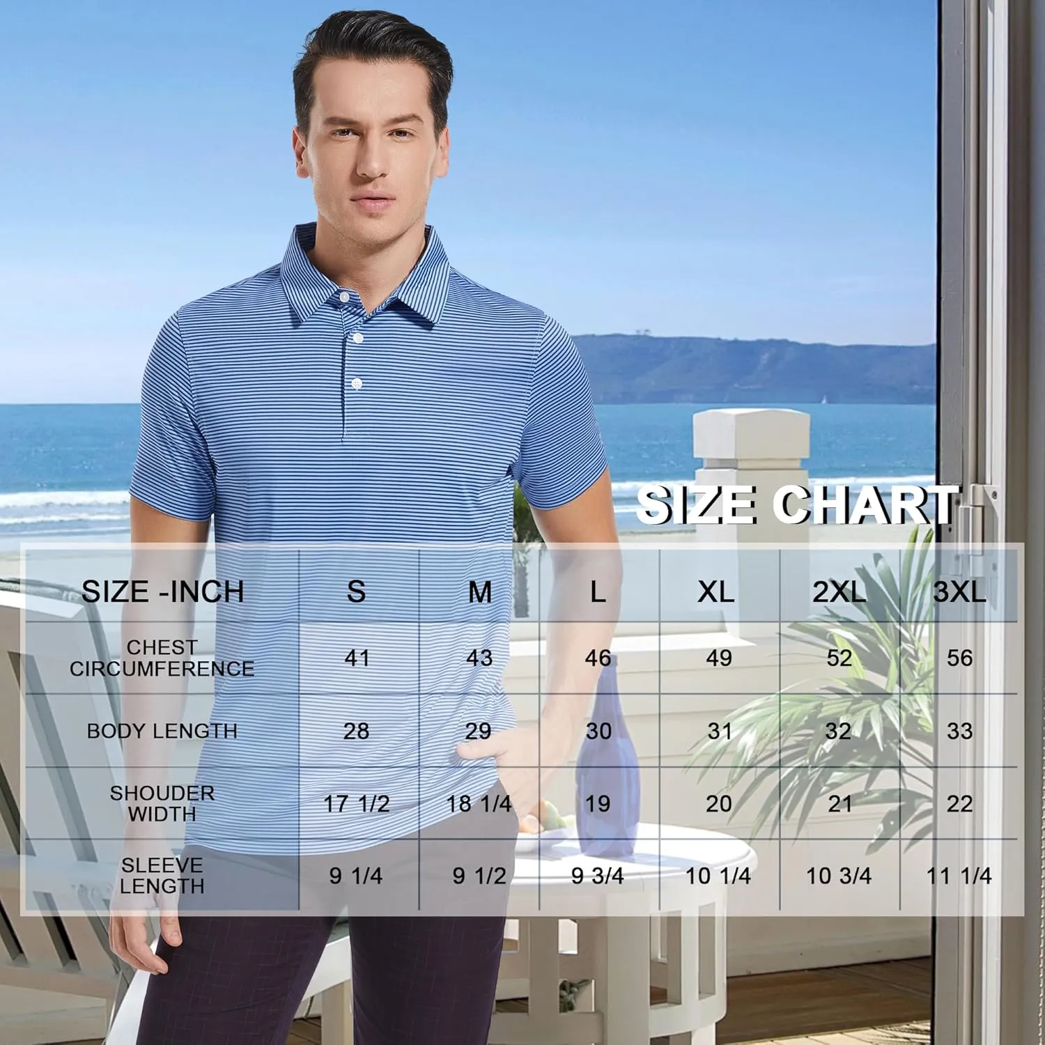 Mens Golf Polo Shirt Moisture Wicking Dry Fit Performance Athletic Short Sleeve Striped Golf Shirts for Men