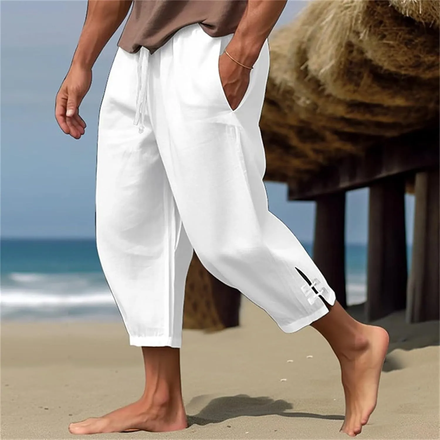 Mens Linen Yoga Pants Harem Capri 3/4 Shorts Sweatpants Jogger Pant Drawstring Elastic Waist Beach Boho Yoga Trousers