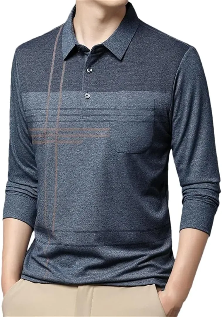 Men's Long Sleeve Pocket Striped Polo Shirt Casual T-Shirts Top Autumn