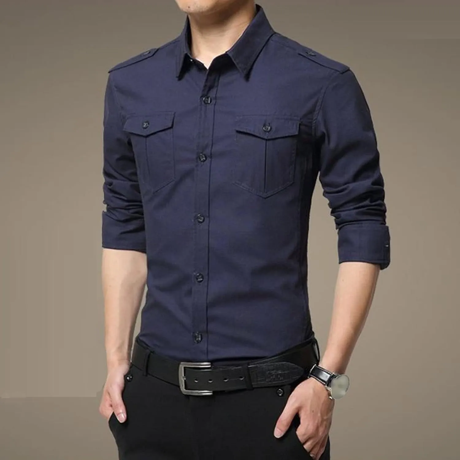 Men's Military Style Double Pocket Shirt Tactical Cargo Casual Slim Fit Shirt Work Shirt Hiking Fishing Shirts