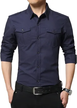 Men's Military Style Double Pocket Shirt Tactical Cargo Casual Slim Fit Shirt Work Shirt Hiking Fishing Shirts