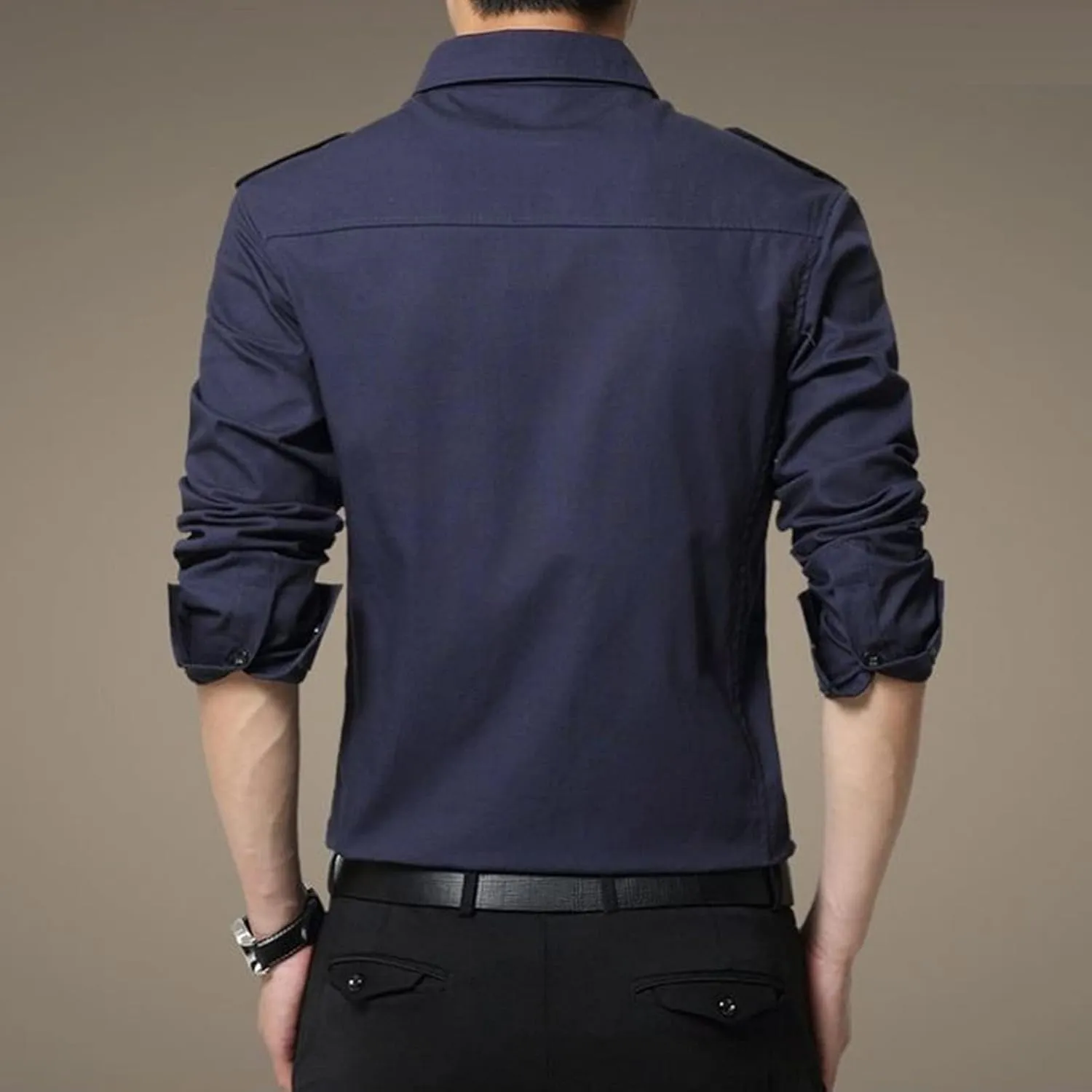 Men's Military Style Double Pocket Shirt Tactical Cargo Casual Slim Fit Shirt Work Shirt Hiking Fishing Shirts