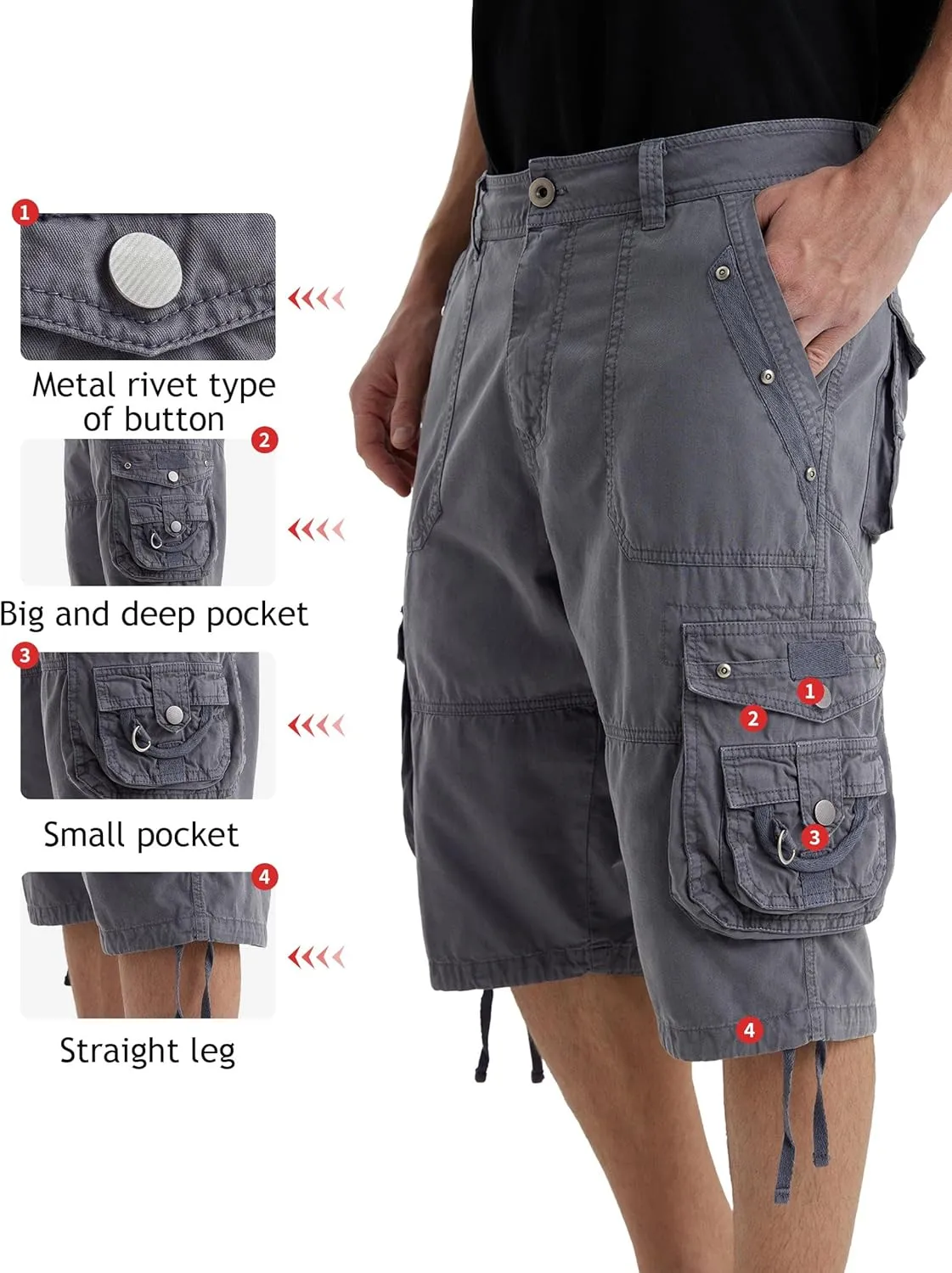 Men's Ripstop Cargo Shorts-Long Cotton Twill Straight Leg for Work Outdoor