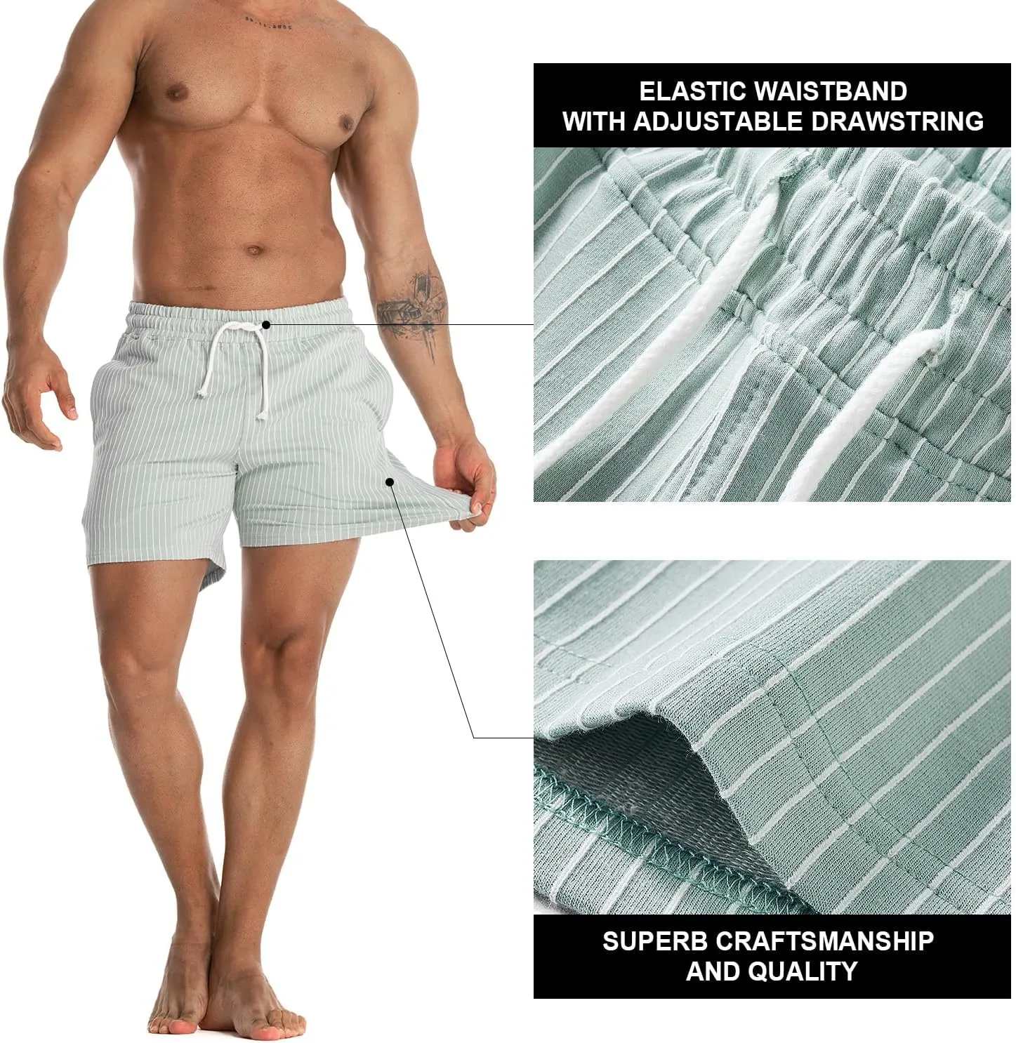 Mens Sweat Workout Shorts 5 Inch Inseam Terry Sweatpant Cotton Casual Striped Pajamas Summer Athletic Short
