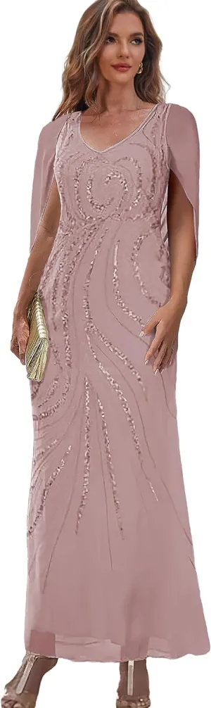 Mermaid Mother of The Bride Dresses with Cape Sequin Formal Dress for Women v Neck Evening Gown