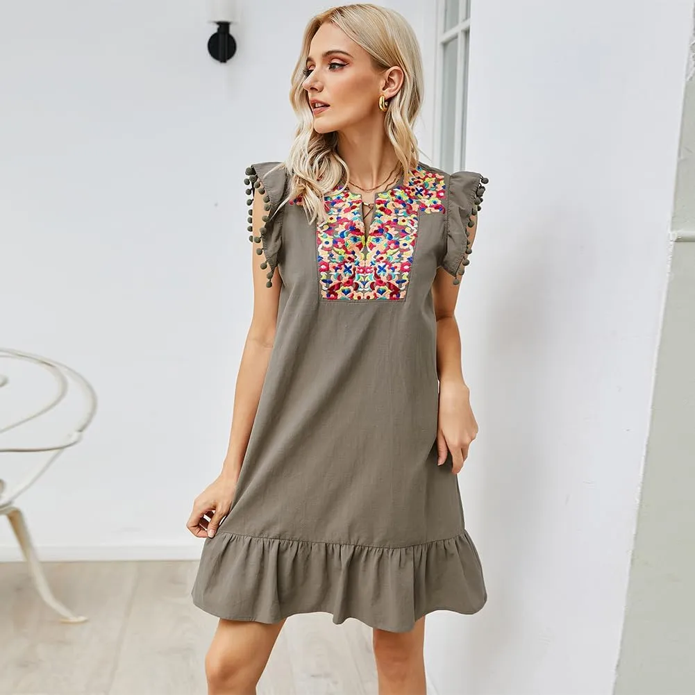 Mexican Dress for Women Floral Bohemian Embroidery Mini Dresses Boho V Neck Ruffle Sleeveless Shift Dress