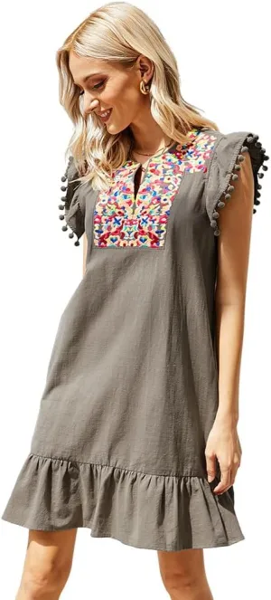Mexican Dress for Women Floral Bohemian Embroidery Mini Dresses Boho V Neck Ruffle Sleeveless Shift Dress