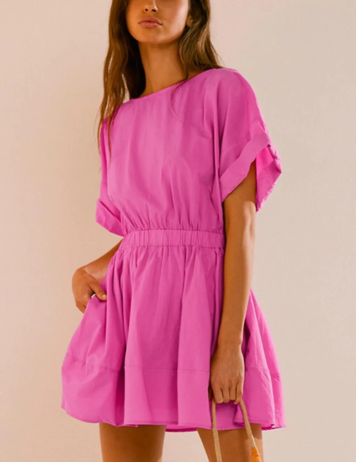 Mingzhu Women's Summer Short Sleeve Mini Dress Open Back A Line Sundress with Pockets
