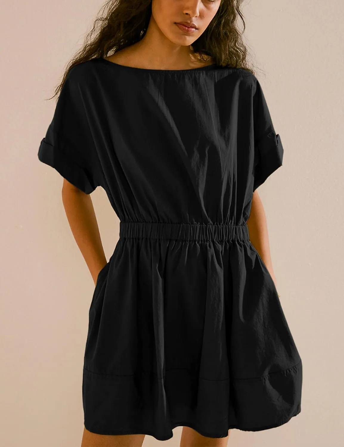 Mingzhu Women's Summer Short Sleeve Mini Dress Open Back A Line Sundress with Pockets