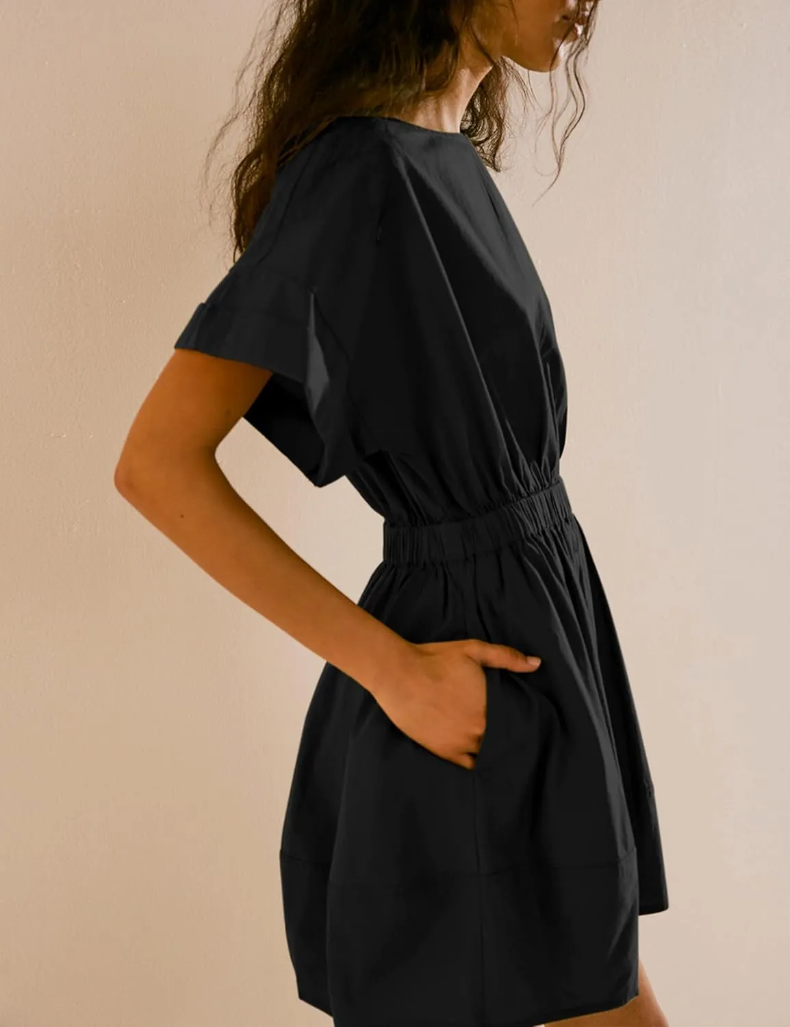 Mingzhu Women's Summer Short Sleeve Mini Dress Open Back A Line Sundress with Pockets
