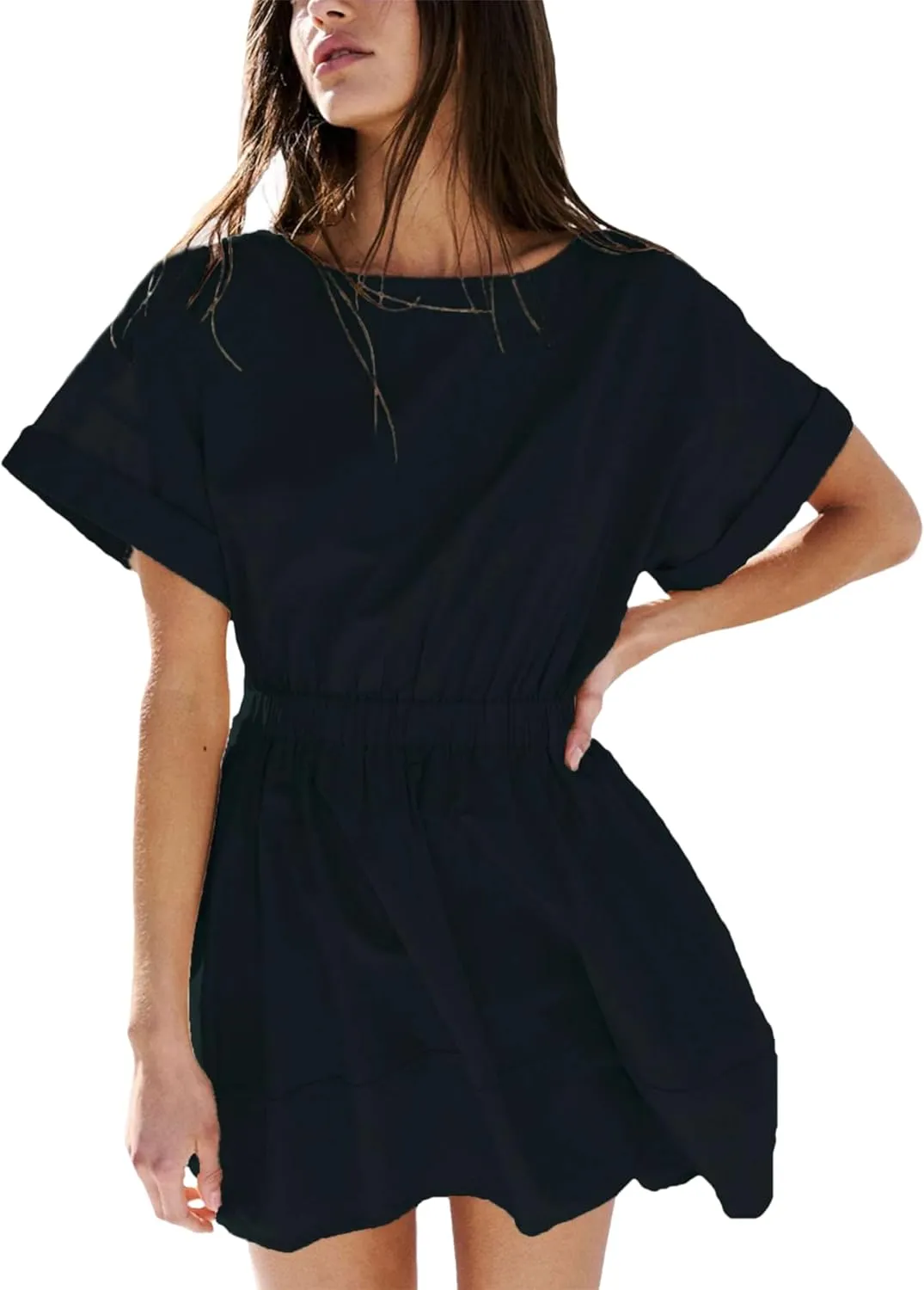 Mingzhu Women's Summer Short Sleeve Mini Dress Open Back A Line Sundress with Pockets