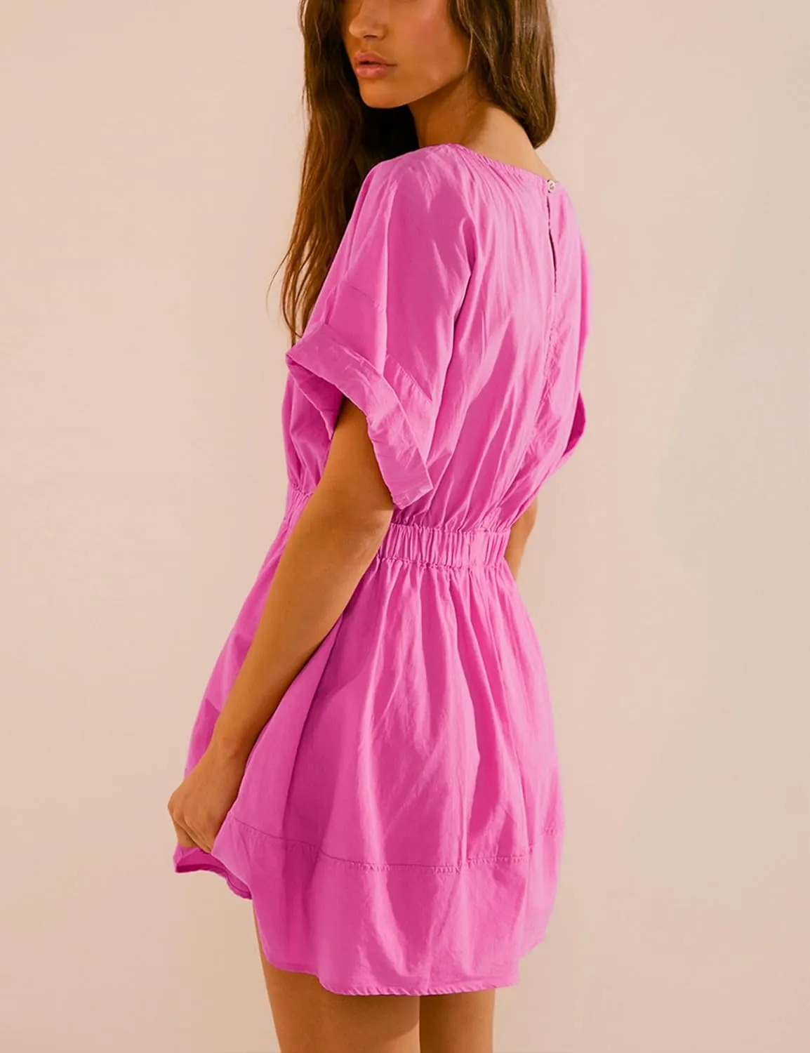 Mingzhu Women's Summer Short Sleeve Mini Dress Open Back A Line Sundress with Pockets