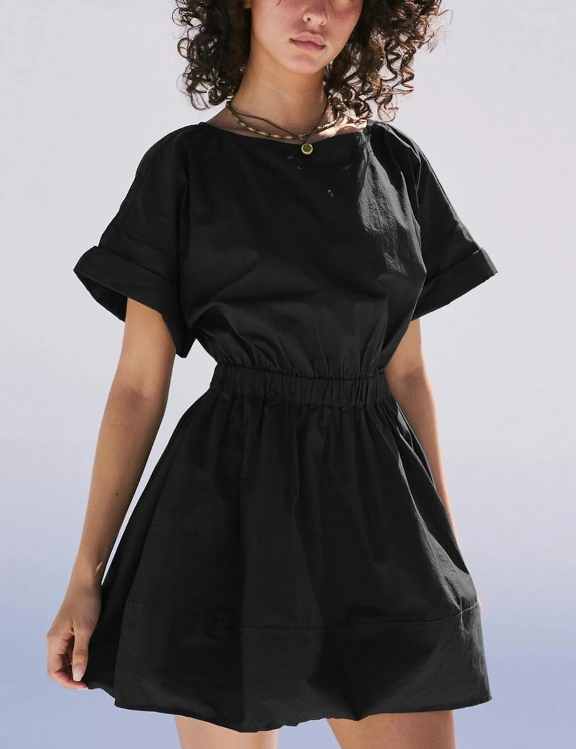 Mingzhu Women's Summer Short Sleeve Mini Dress Open Back A Line Sundress with Pockets