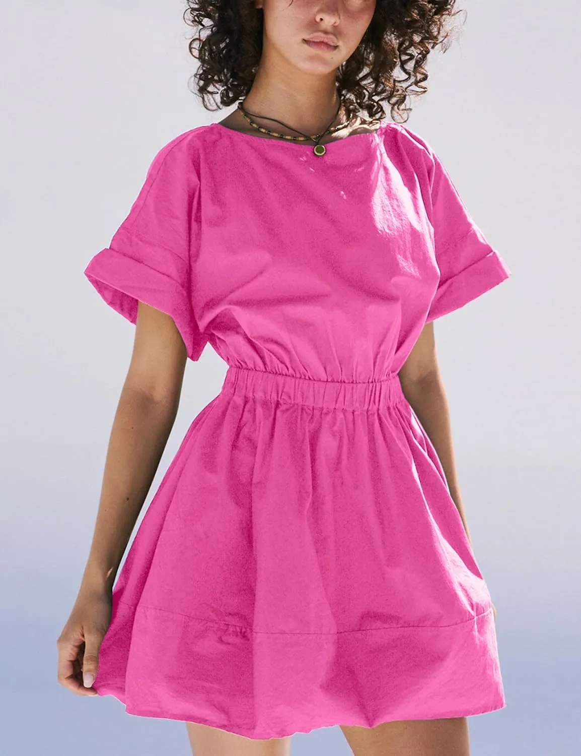 Mingzhu Women's Summer Short Sleeve Mini Dress Open Back A Line Sundress with Pockets