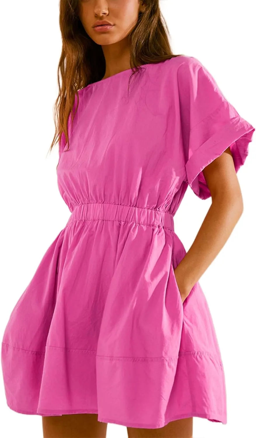 Mingzhu Women's Summer Short Sleeve Mini Dress Open Back A Line Sundress with Pockets