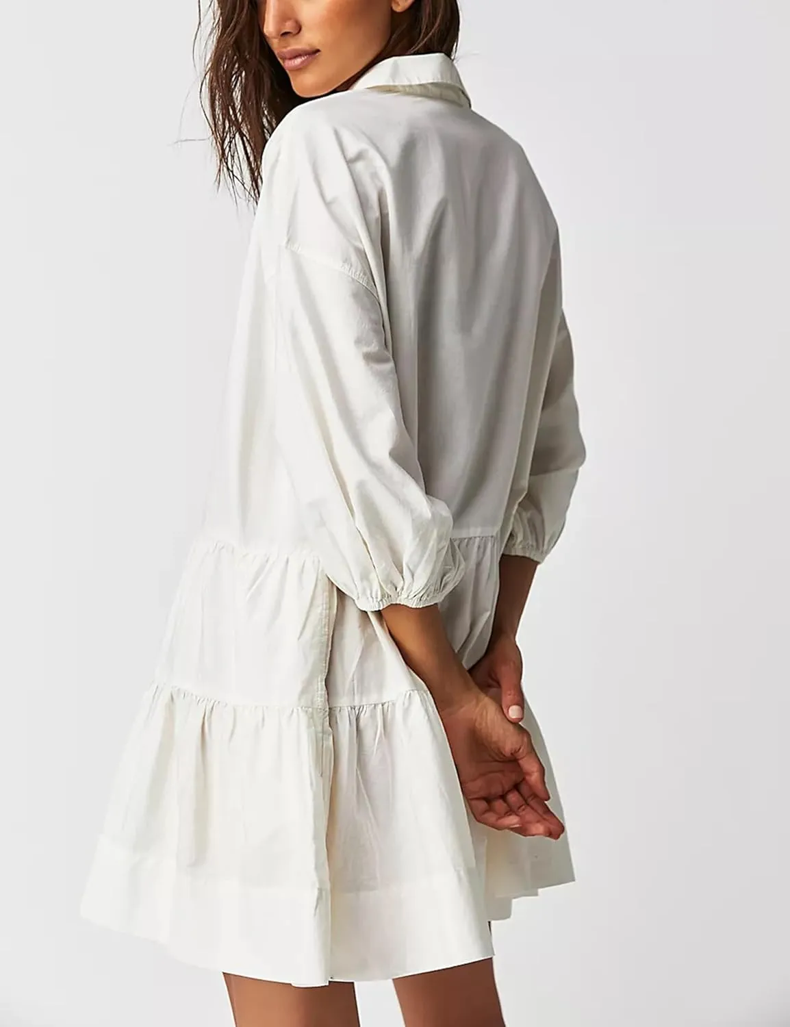 Mingzhu Womens Summer Tiered Puff Sleeve Shirtdress Flowy A-line Babydoll Mini Dress