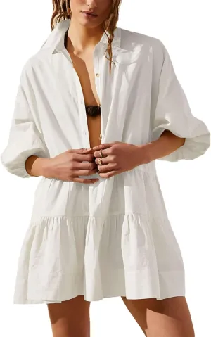 Mingzhu Womens Summer Tiered Puff Sleeve Shirtdress Flowy A-line Babydoll Mini Dress