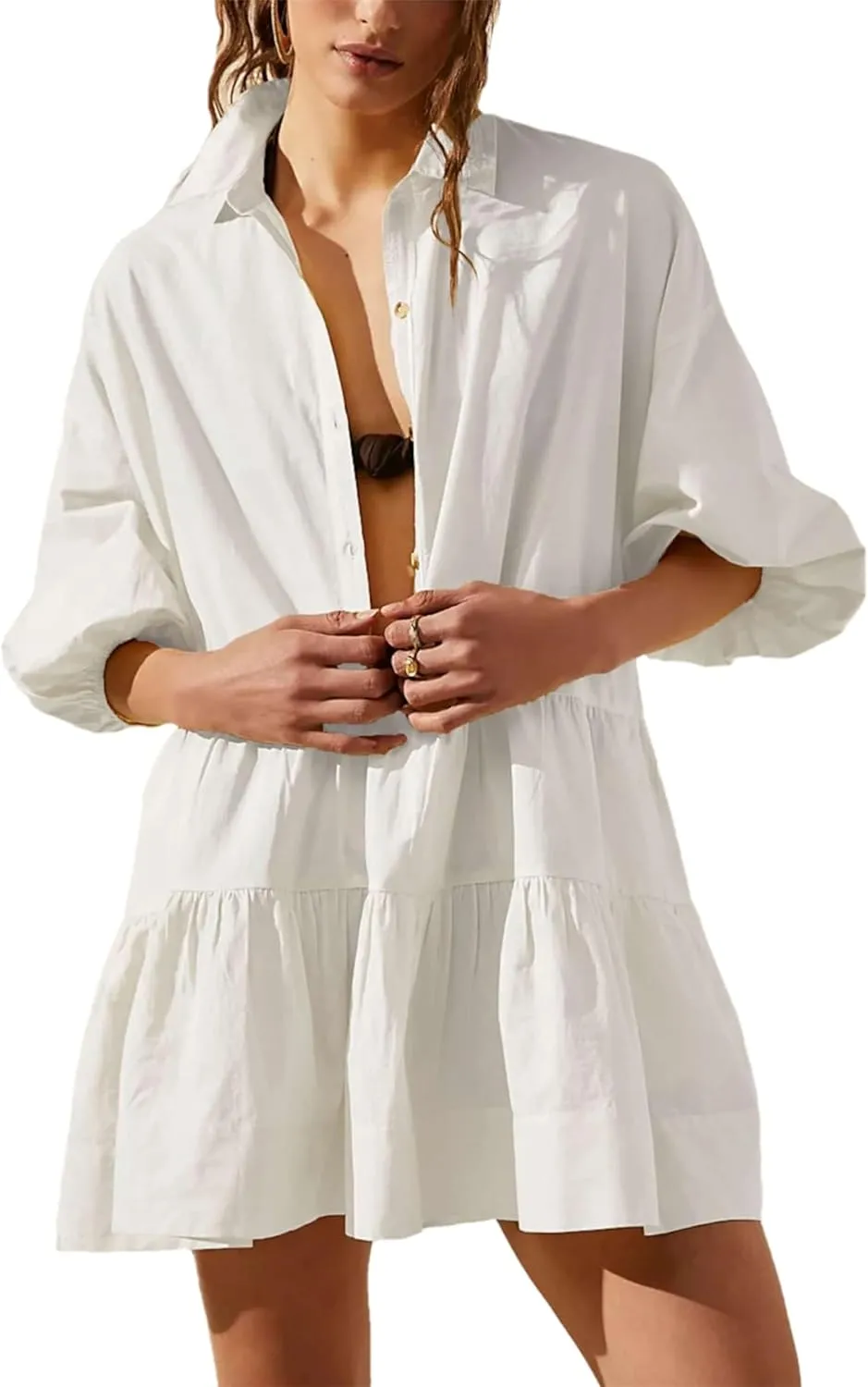 Mingzhu Womens Summer Tiered Puff Sleeve Shirtdress Flowy A-line Babydoll Mini Dress