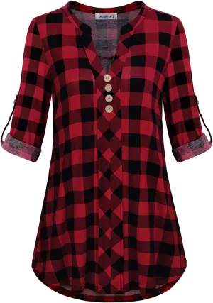 MOQIVGI Womens Roll Tab Sleeve V Neck Plaid Shirts Trendy Casual Checkered Blouse Tops