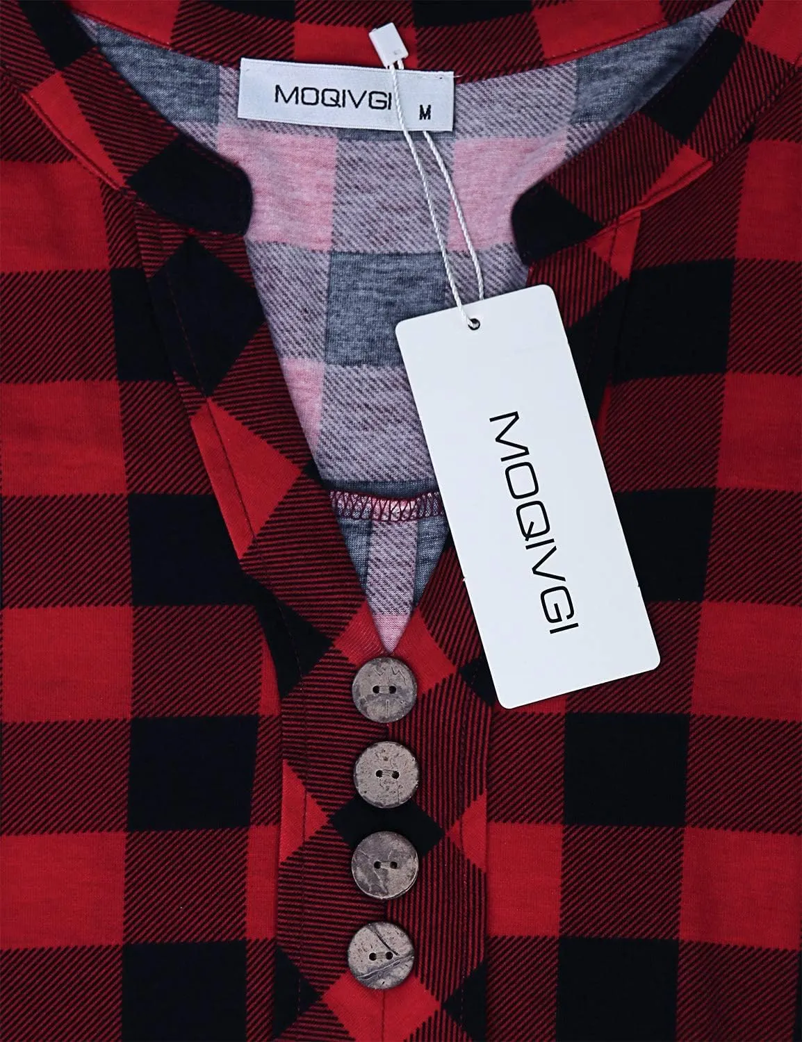 MOQIVGI Womens Roll Tab Sleeve V Neck Plaid Shirts Trendy Casual Checkered Blouse Tops