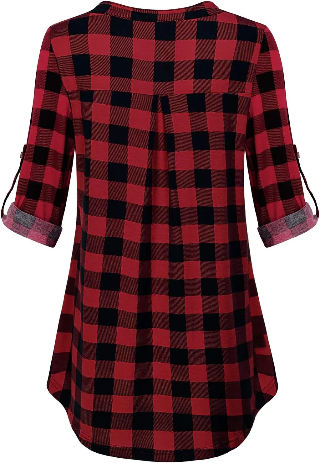 MOQIVGI Womens Roll Tab Sleeve V Neck Plaid Shirts Trendy Casual Checkered Blouse Tops