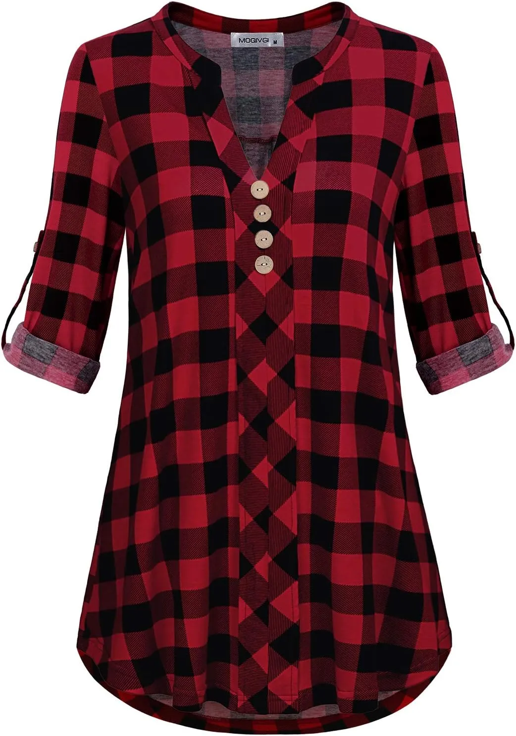 MOQIVGI Womens Roll Tab Sleeve V Neck Plaid Shirts Trendy Casual Checkered Blouse Tops
