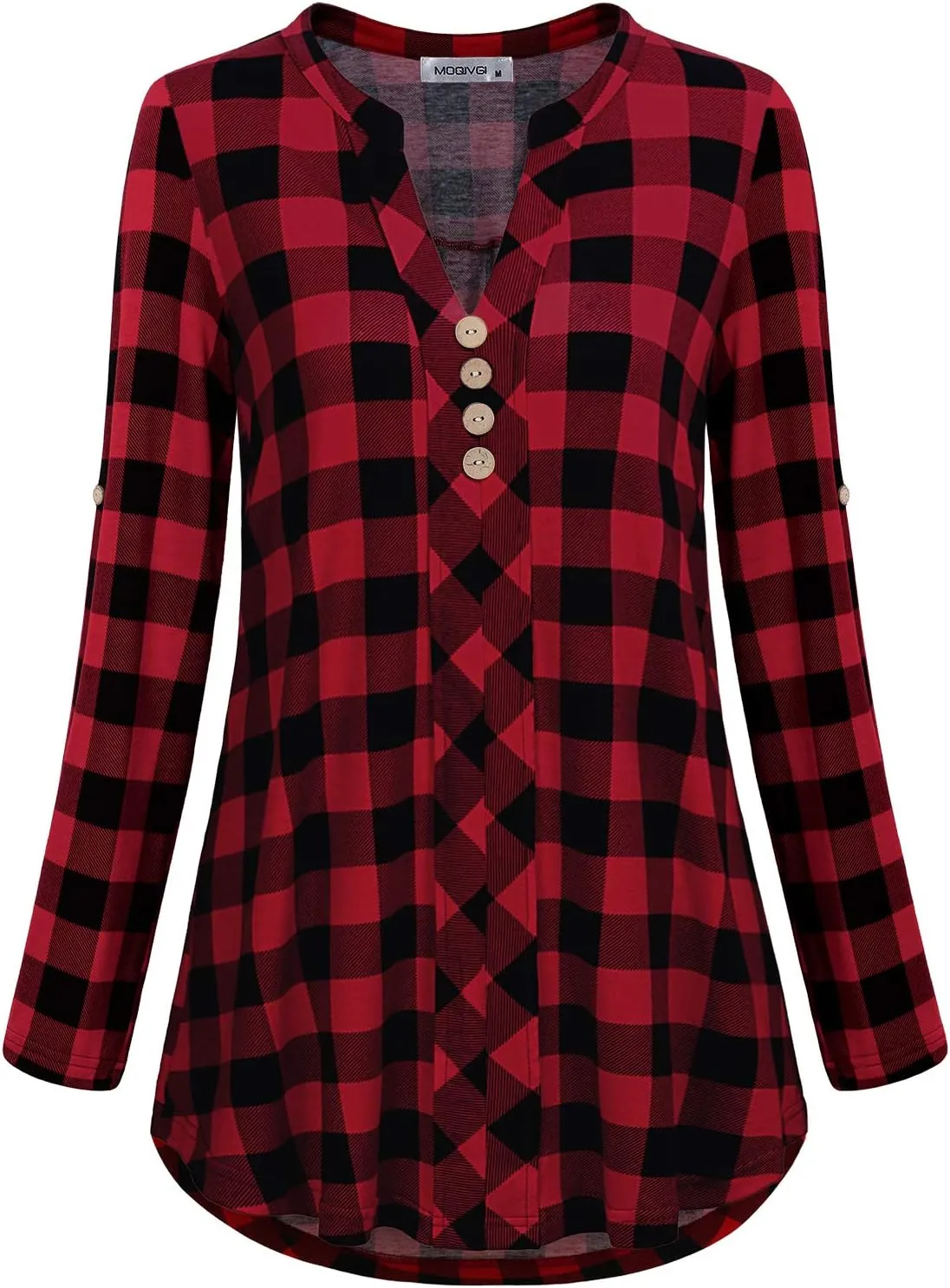 MOQIVGI Womens Roll Tab Sleeve V Neck Plaid Shirts Trendy Casual Checkered Blouse Tops