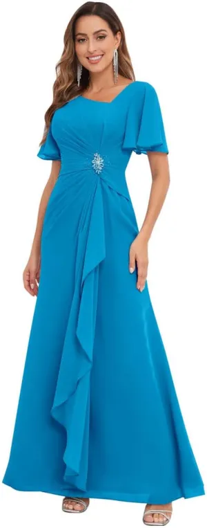 Mother of The Bride Dresses for Wedding Asymmetrical Neckline Ruffled Sleeve Fitted Chiffon Long Formal Dress