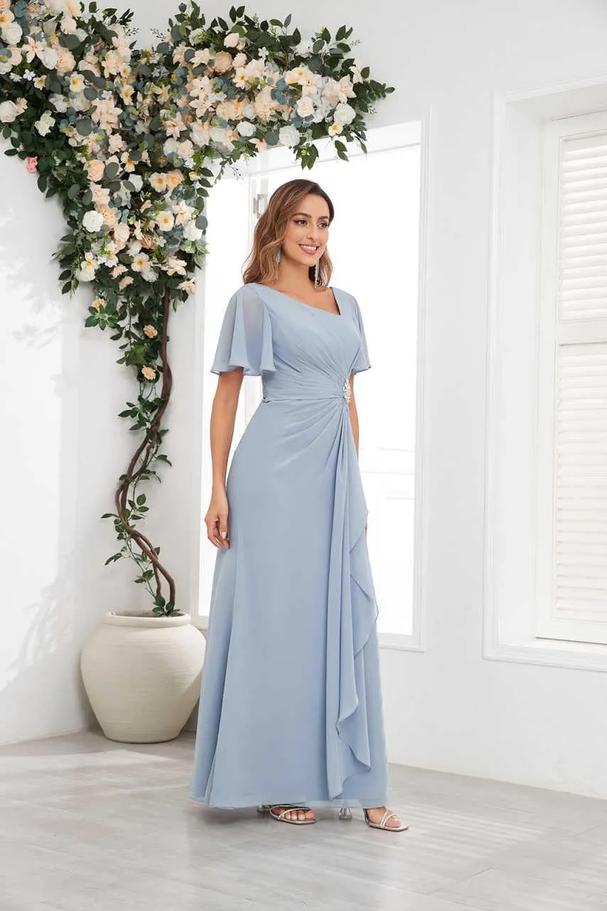 Mother of The Bride Dresses for Wedding Asymmetrical Neckline Ruffled Sleeve Fitted Chiffon Long Formal Dress