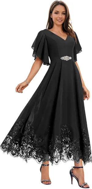 Mother of The Bride Dresses for Wedding for Women Tea Length Chiffon Lace Appliques Formal Evening Dresses
