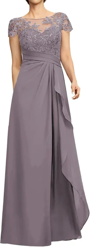 Mother of The Bride Dresses Lace Sequins Short Sleeve Wedding Guest Dresses for Women Ruffles Evening Gown