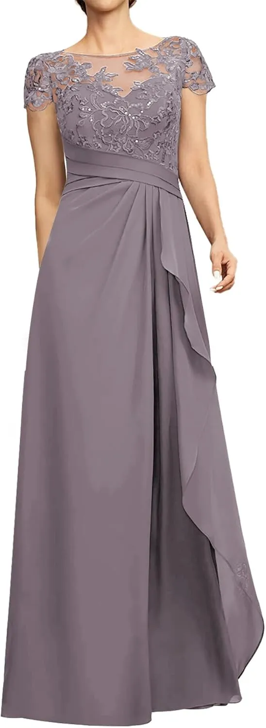 Mother of The Bride Dresses Lace Sequins Short Sleeve Wedding Guest Dresses for Women Ruffles Evening Gown